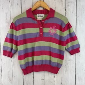 VTG Anne Crimmins Umi Collection Pink/Green Stripe Collared Knit Sweater Large
